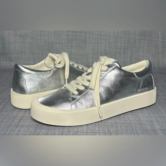Vince Gabi Lace-Up Low Top Sneaker Silver Leather - Picture 2 of 7